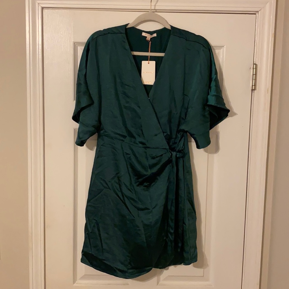 Skies are blue green satin wrap dress